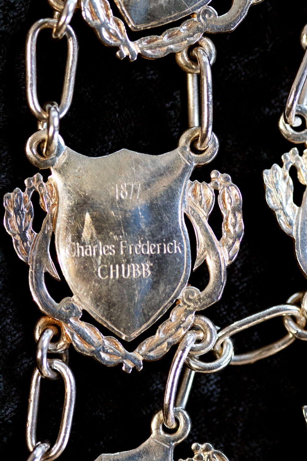 Shield for 12th Mayor of Ipswich Charles Frederick Chubb, close-up of the Ipswich Mayoral Chains of Office, in use since 2010 