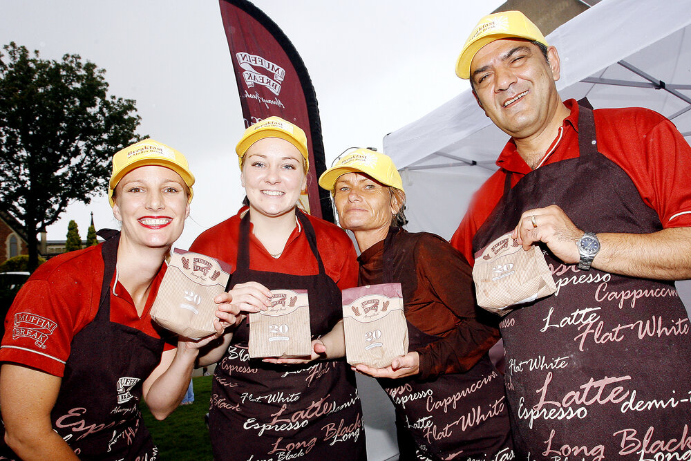 Muffin Break team Nicole Mathias, Erin Warner, Annette broderick and Charles Carnovale, at  the Ipswich 150th birthday celebrations, d'Arcy Doyle Place, Ipswich, March 2010