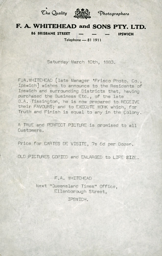 Advertisement letter announcing F. A. Whitehead starting up his own business, Ipswich, 1883