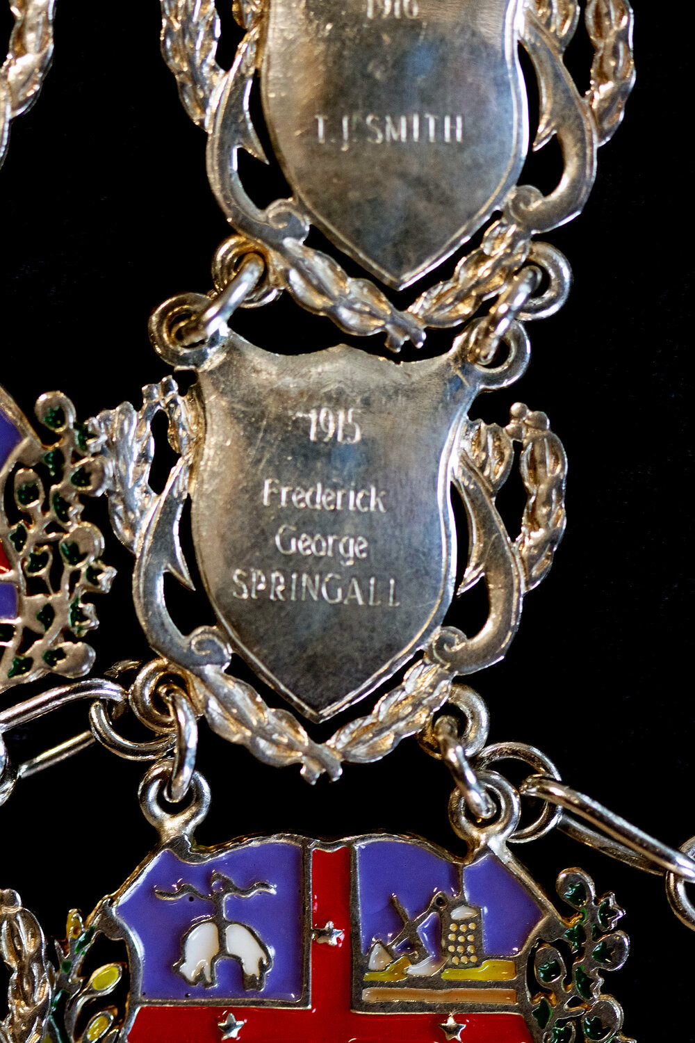 Shield for 35th Mayor of Ipswich Frederick George Springall, close-up of the Ipswich Mayoral Chains of Office, in use since 2010 