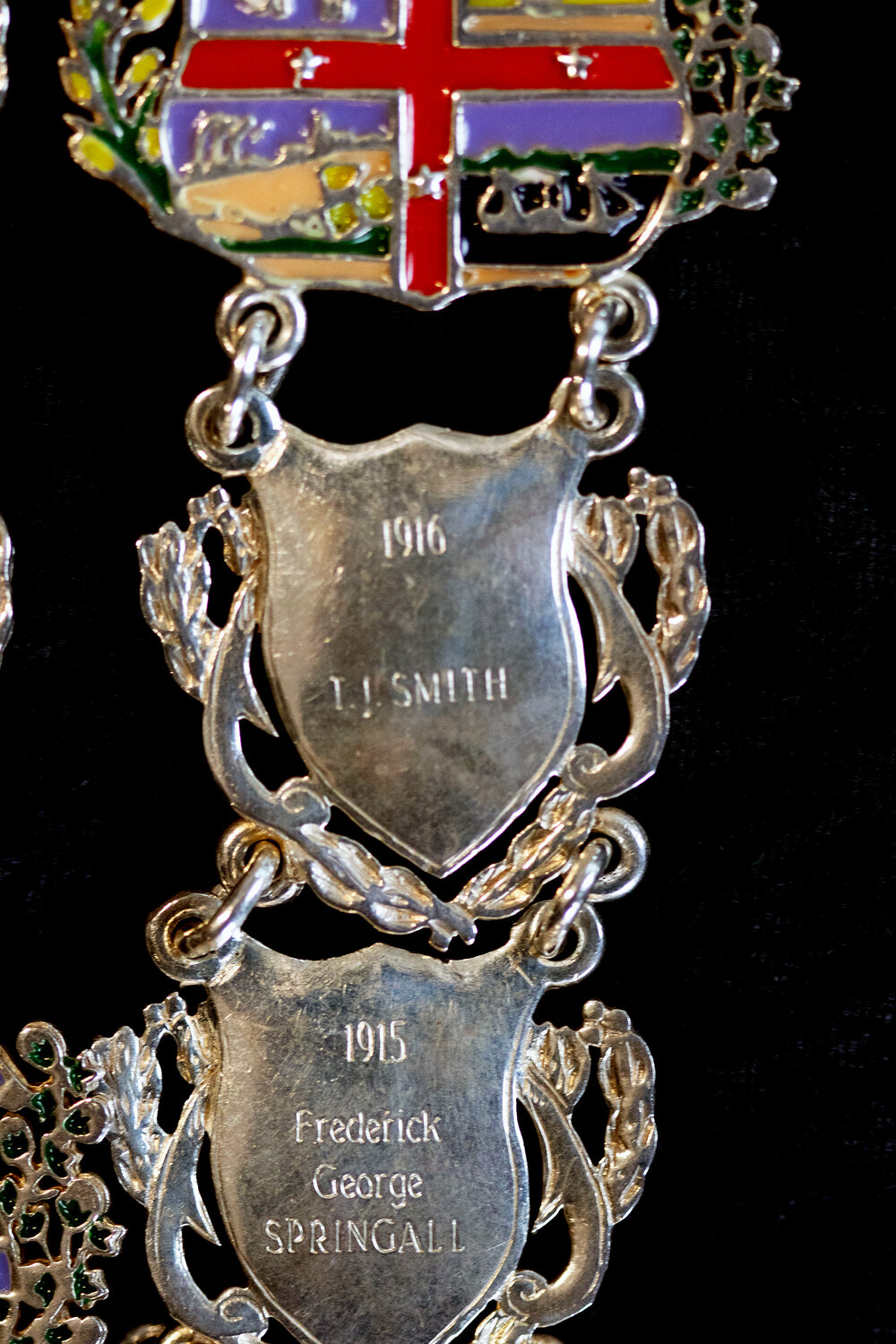 Shield for 36th Mayor of Ipswich Thomas Joseph Smith, and 35th Mayor of Ipswich Frederick George Springall, close-up of the Ipswich Mayoral Chains of Office, in use since 2010 