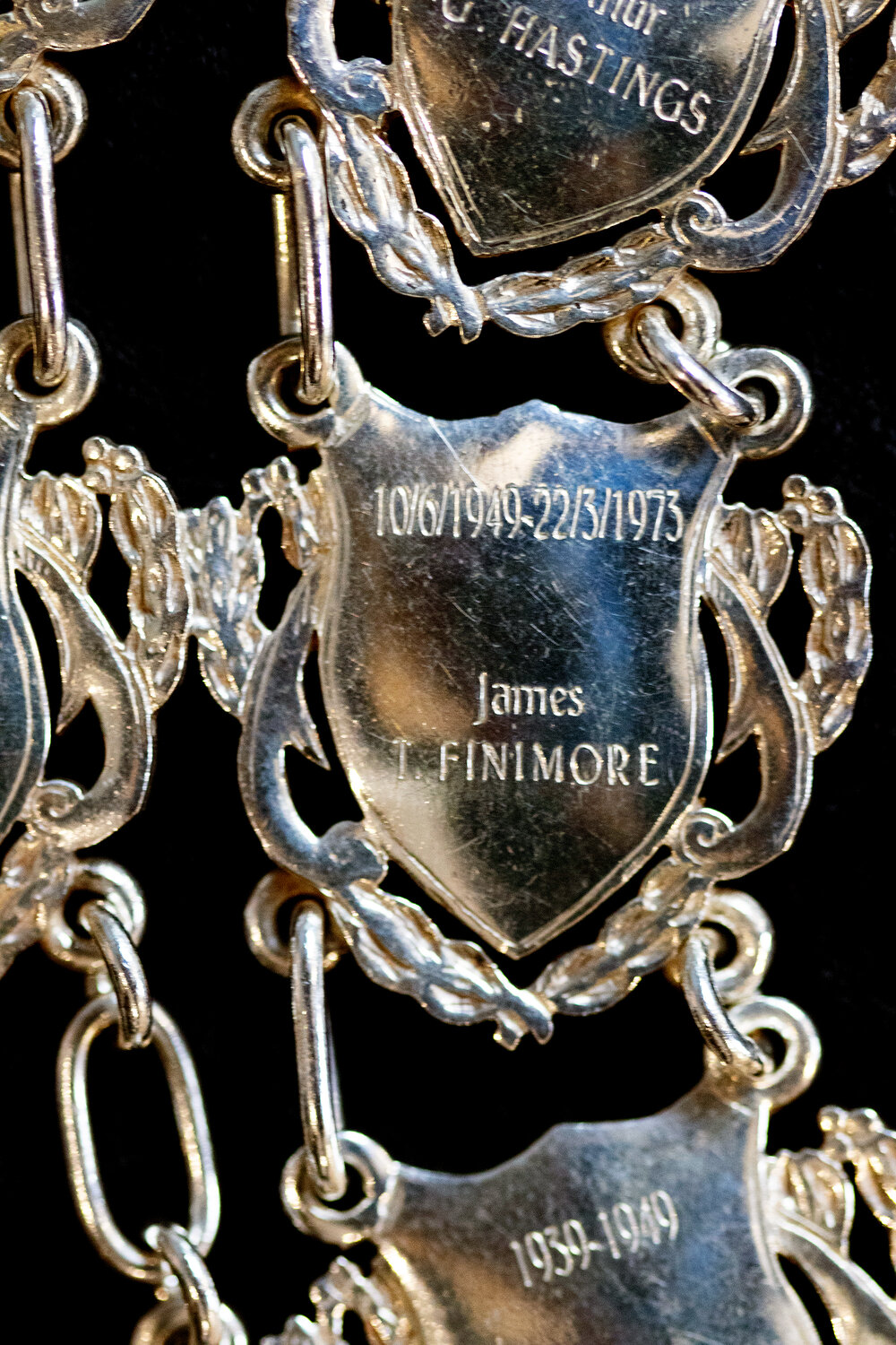 Shield for 44th Mayor of Ipswich James T. Finimore, close-up of the Ipswich Mayoral Chains of Office, in use since 2010 