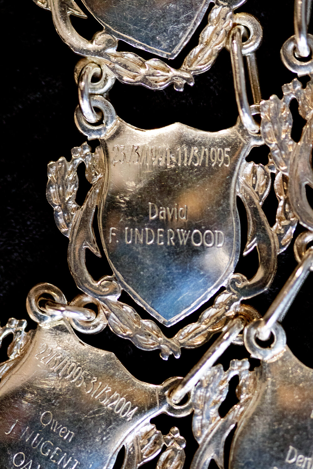 Shield for 47th Mayor of Ipswich David F. Underwood, close-up of the Ipswich Mayoral Chains of Office, in use since 2010 