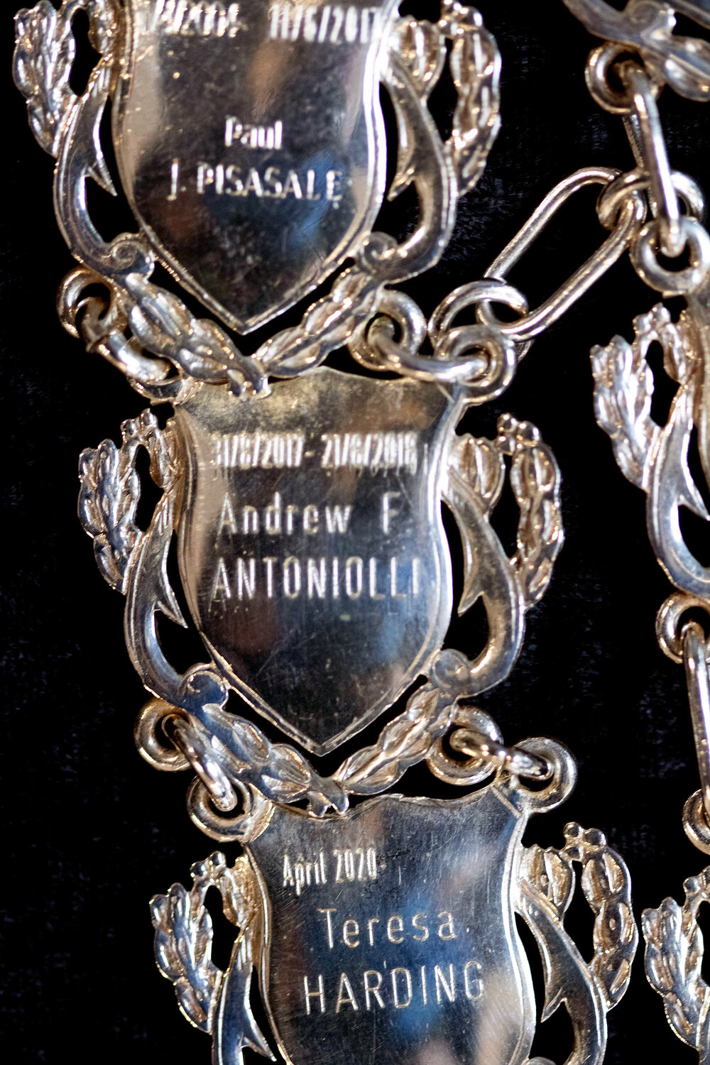 Shield for 50th Mayor of Ipswich Andrew F. Antoniolli, close-up of the Ipswich Mayoral Chains of Office, in use since 2010 