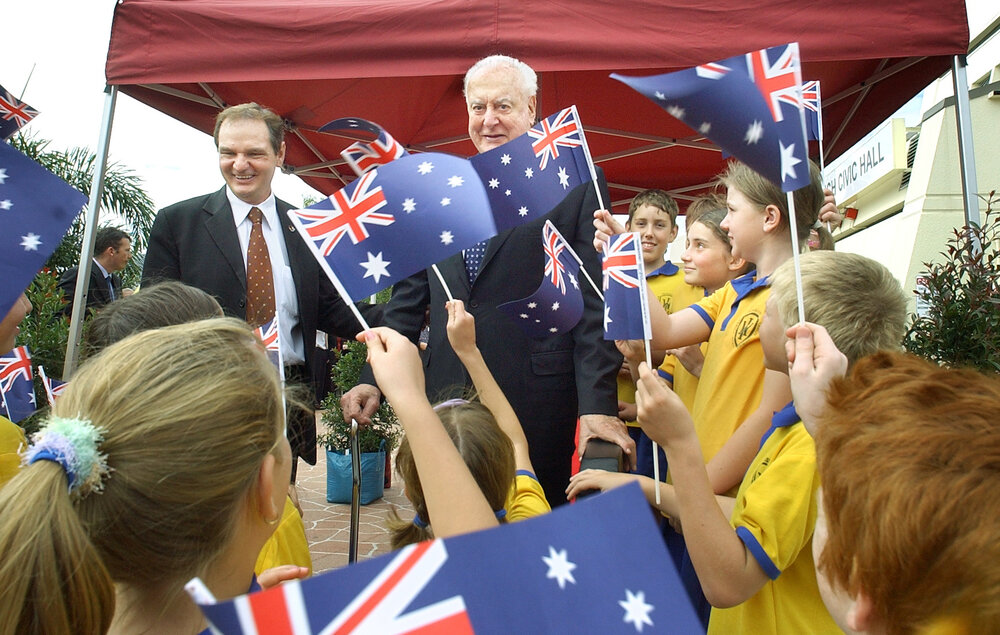 Gough Whitlam revisiting the Ipswich Civic Centre 30 years after he officially opened the building, Ipswich, July 2005