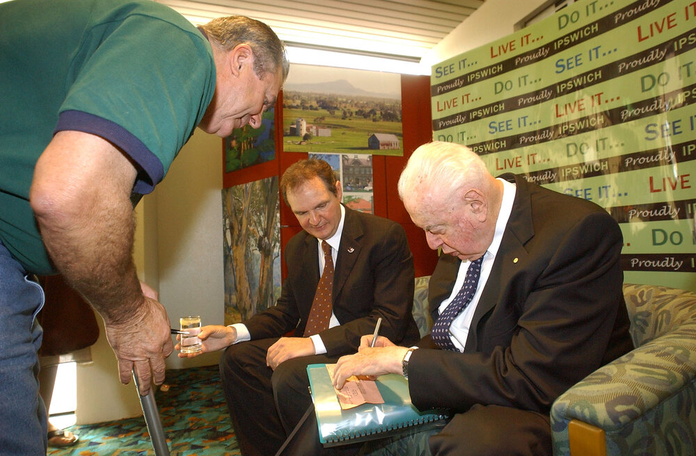 Gough Whitlam revisiting the Ipswich Civic Centre 30 years after he officially opened the building, Ipswich, July 2005