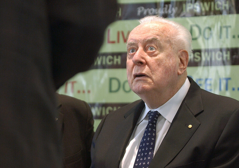 Gough Whitlam revisiting the Ipswich Civic Centre 30 years after he officially opened the building, Ipswich, July 2005