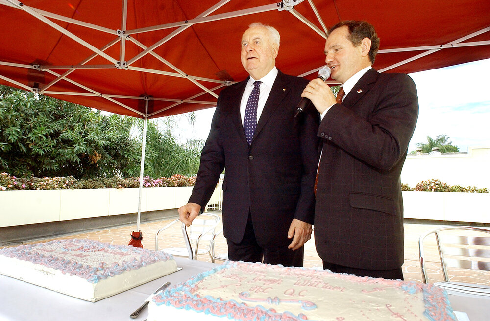Gough Whitlam revisiting the Ipswich Civic Centre 30 years after he officially opened the building, Ipswich, July 2005