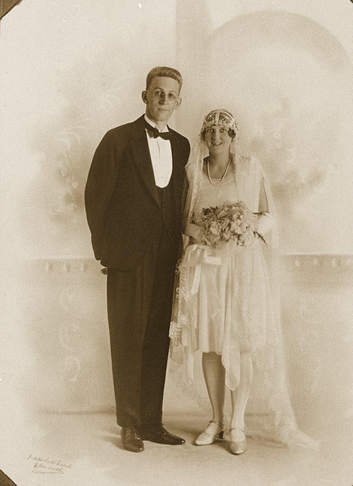 Wedding portrait of Edward Wilson and Mabel Esther Whitehead (nee Wheeling), Ipswich, 1928