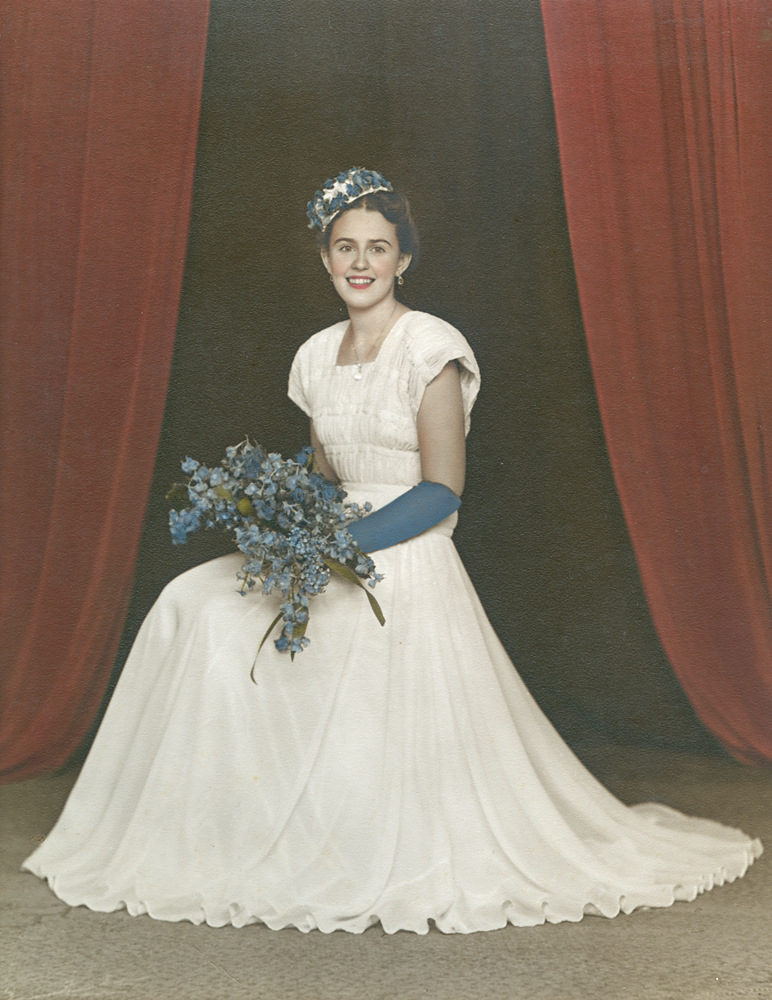 Barbara Sellars as bridesmaid for her brother, Ipswich, 1947