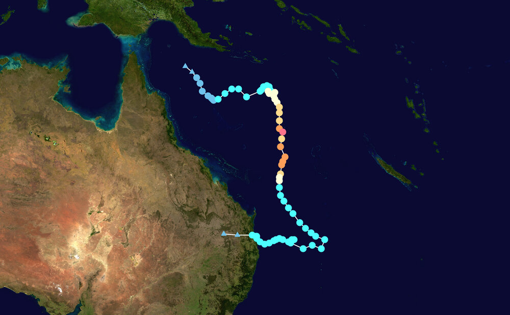 Tropical Cyclone Alfred's path, 2025.  Image from Wikimedia Commons.