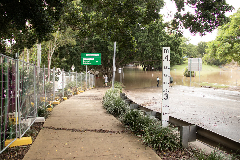 Flood marker on King Edward Parade, Ipswich, March 2025