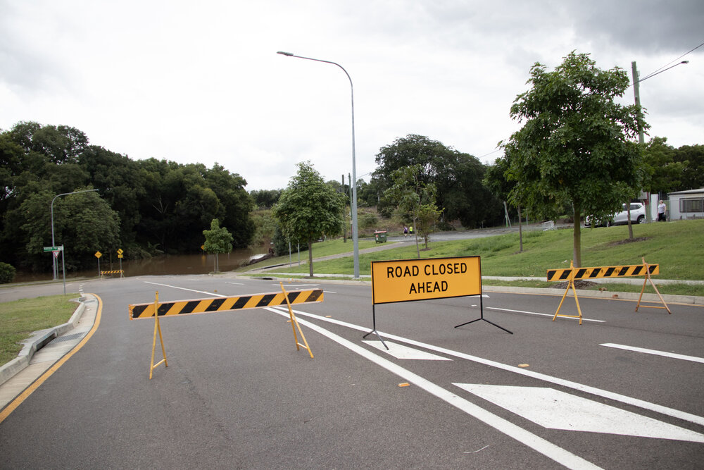 Marsden Parade closed to traffic as flood waters slowly recede in Devil's Gully, Ipswich, March 2025