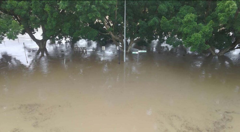 Drone images of the Bremer River in flood, Riverheart Parklands, King Edward Parade, Ipswich, March 2025