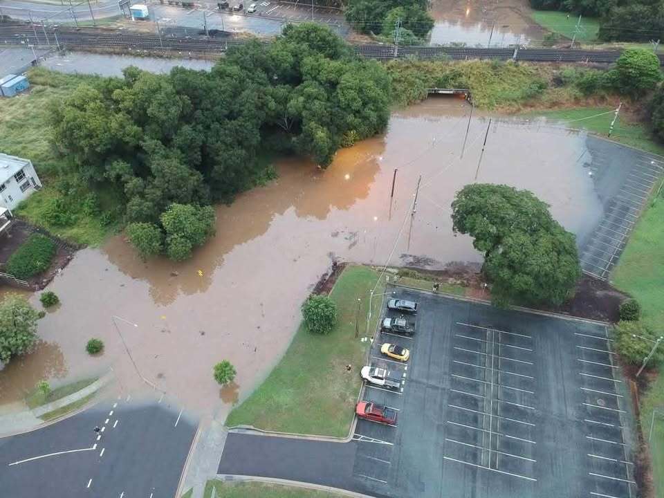 Drone images of the Bremer River, southern end of Marsden Parade, Ipswich, March 2025