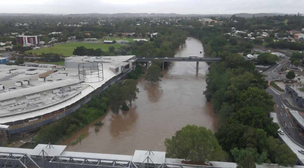 Drone images of the Bremer River in flood, between David Trumpy and Bradfield Bridge, Ipswich, March 2025