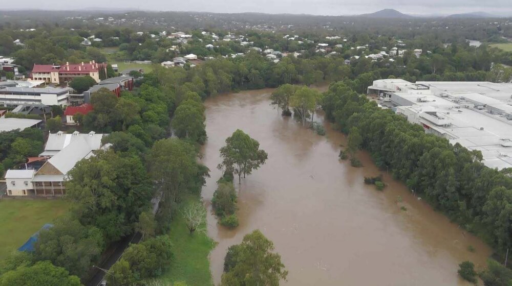 Drone images of the Bremer River in flood,Woodend and North Ipswich, March 2025