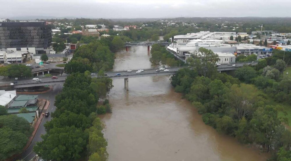 Drone image of the Bremer River in flood, Ipswich, March 2025