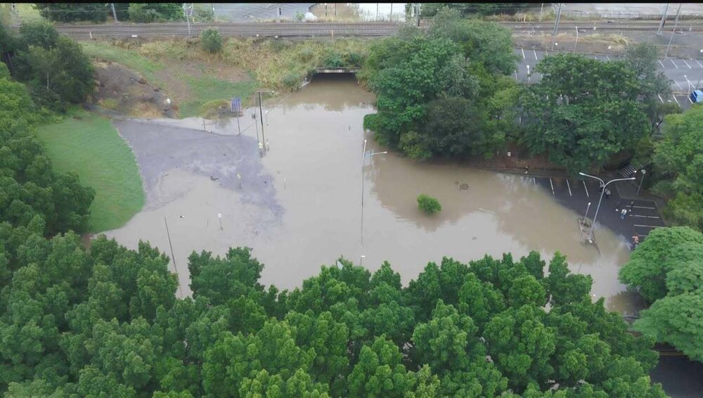Drone image of the Bremer River in flood, northern side of Marsden Parade, Ipswich, March 2025