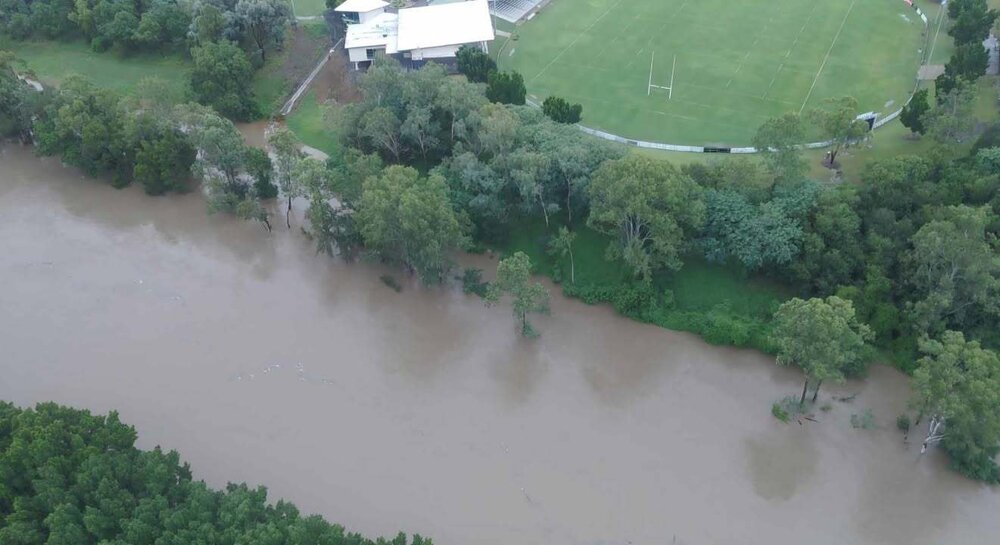 Drone image of the Bremer River in flood, near the North Ipswich Reserve, North Ipswich, March 2025