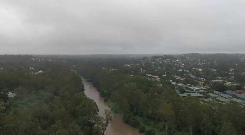 Drone image of the Bremer River in flood, Ipswich, March 2025