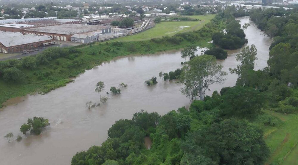 Drone image of The Basin section of the Bremer River in flood, Ipswich, March 2025