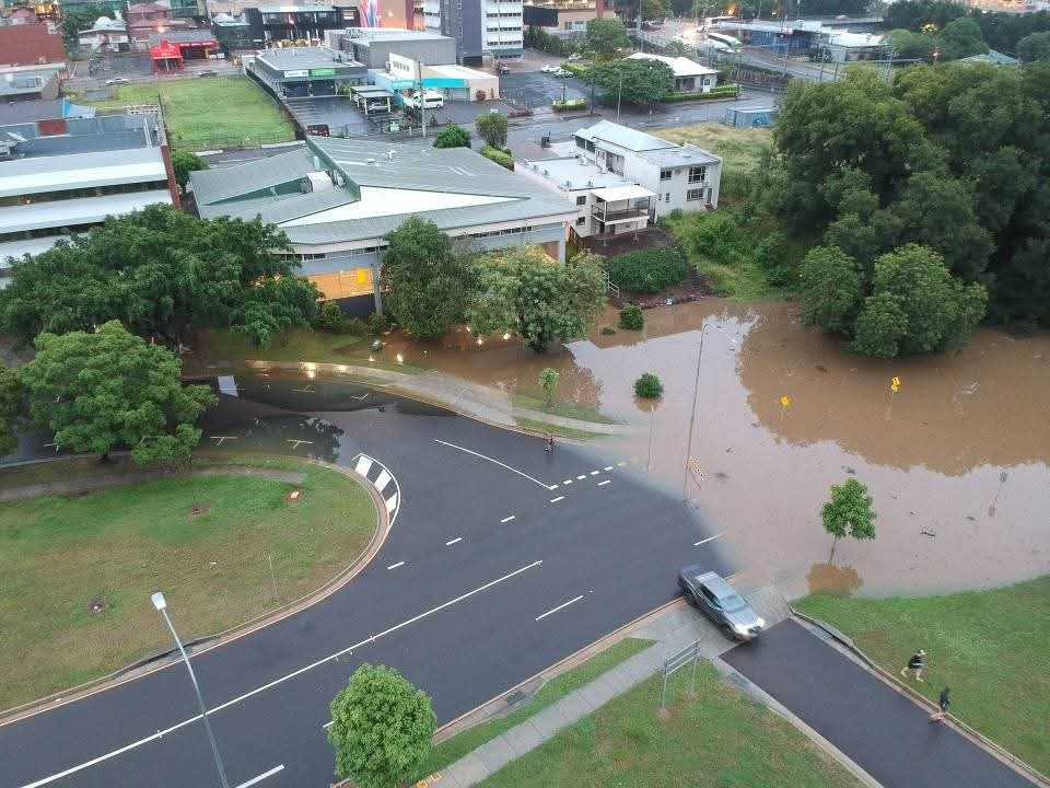 Drone image of the Bremer River, southern side of Marsden Parade, Ipswich, March 2025