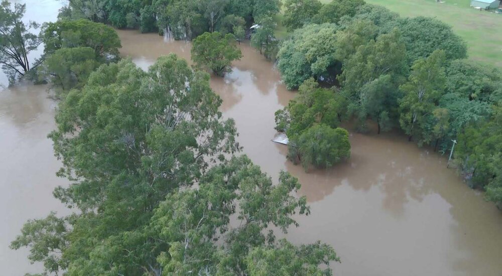 Drone image of the Bremer River in flood, Ipswich, March 2025