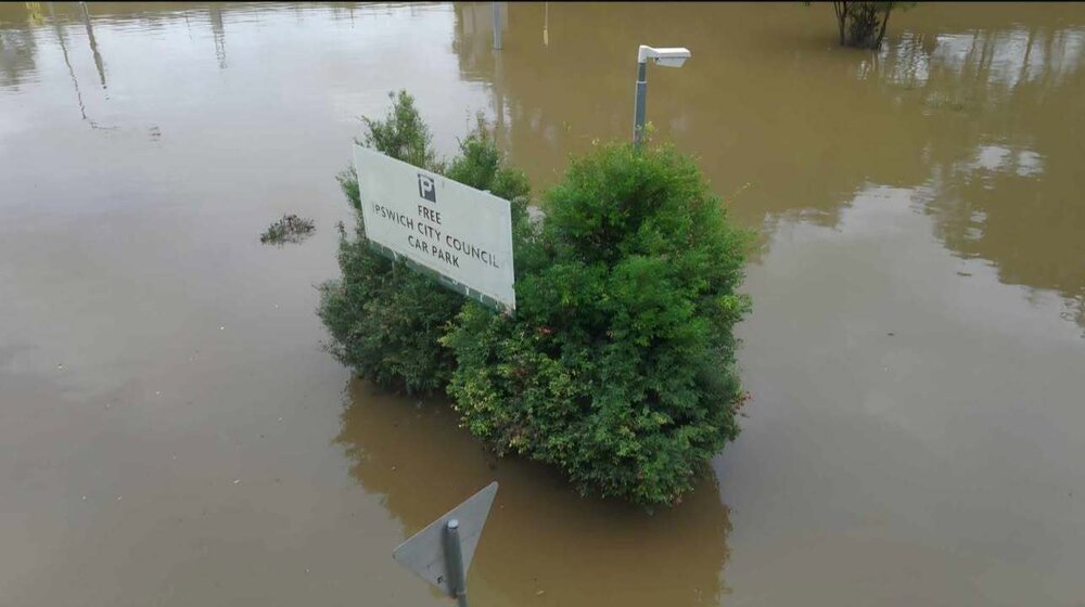 Drone image of the Bremer River in flood, Ipswich, March 2025