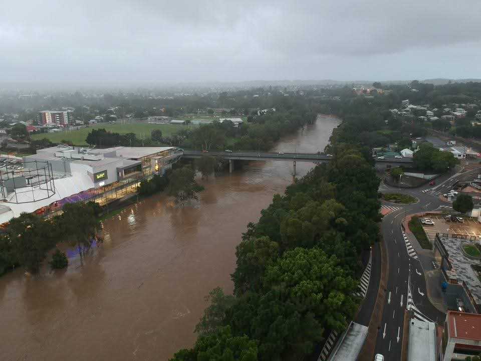 Drone image of the David Trumpy Bridge and Bremer River in flood, Ipswich, March 2025