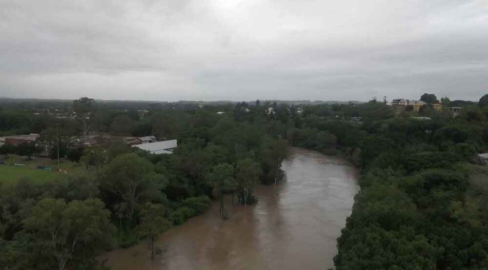 Drone image of the Bremer River in flood, Ipswich, March 2025