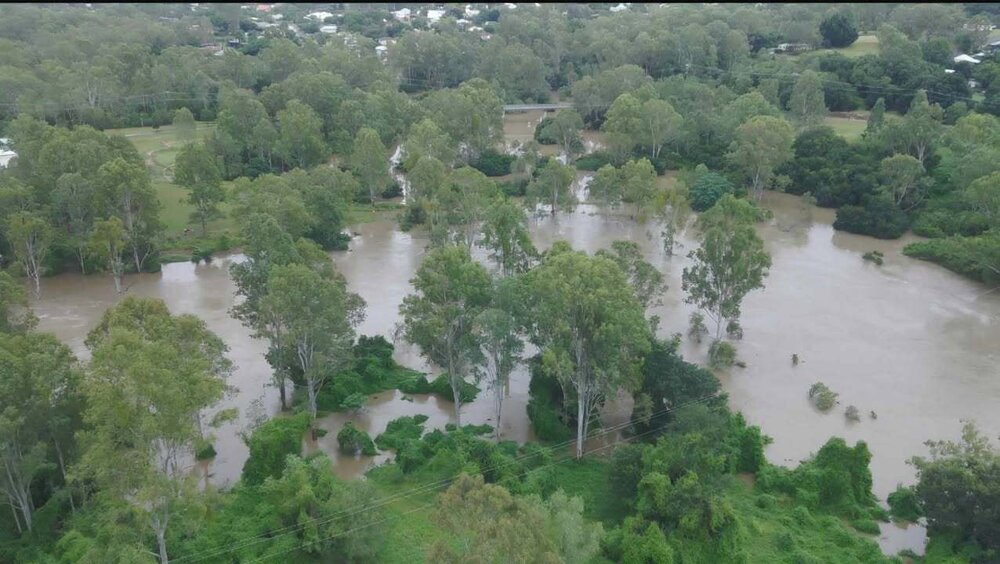 Drone image of the Bremer River in flood, Ipswich, March 2025