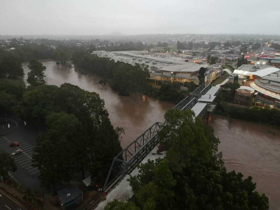 Drone image of the Bremer River in flood, Ipswich, March 2025