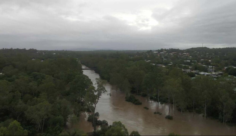 Drone image of the Bremer River in flood, Ipswich, March 2025