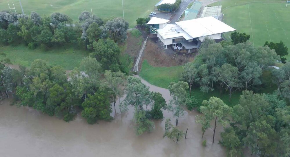 Drone image of the Bremer River in flood, Ipswich, March 2025