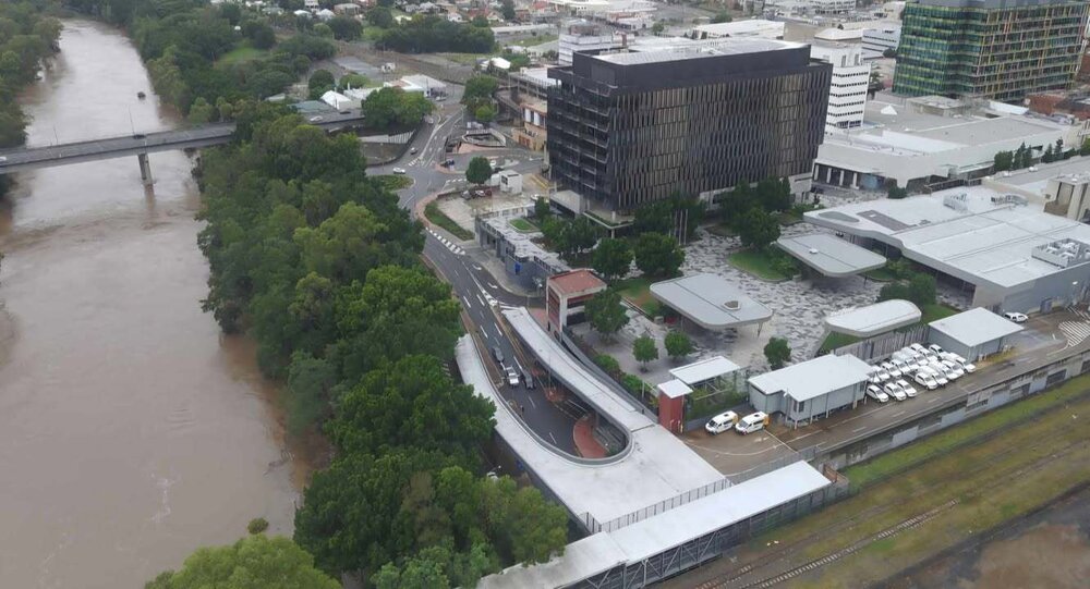 Drone image of the Bremer River in flood, Ipswich, March 2025
