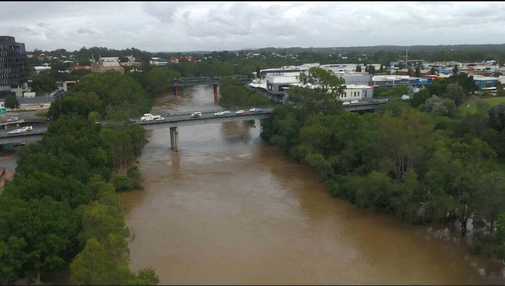 Drone image of the Bremer River in flood, Ipswich, March 2025