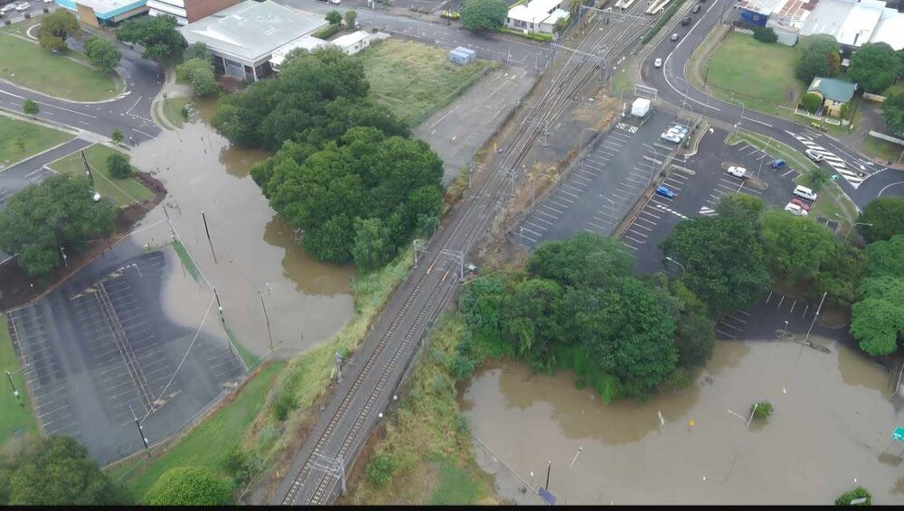 Drone image of the Bremer River in flood, Ipswich, March 2025