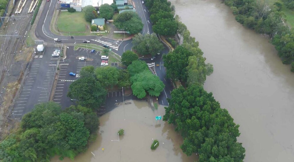 Drone image of the Bremer River in flood, Ipswich, March 2025