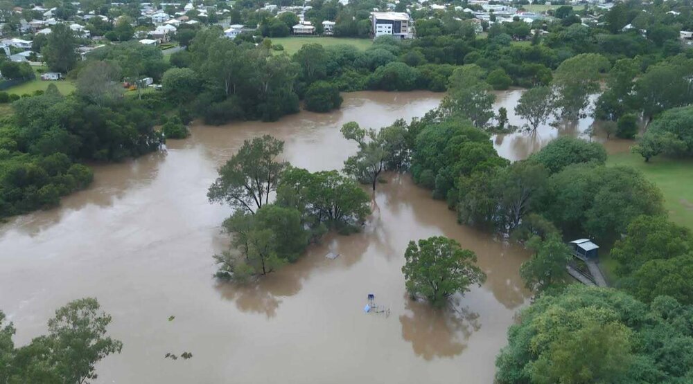 Drone image of the Bremer River in flood, Ipswich, March 2025