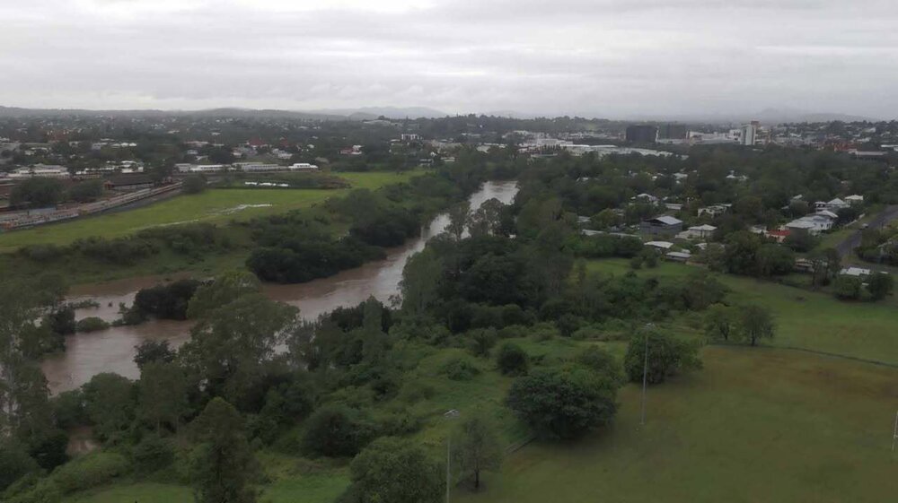 Drone image of the Bremer River in flood, Ipswich, March 2025