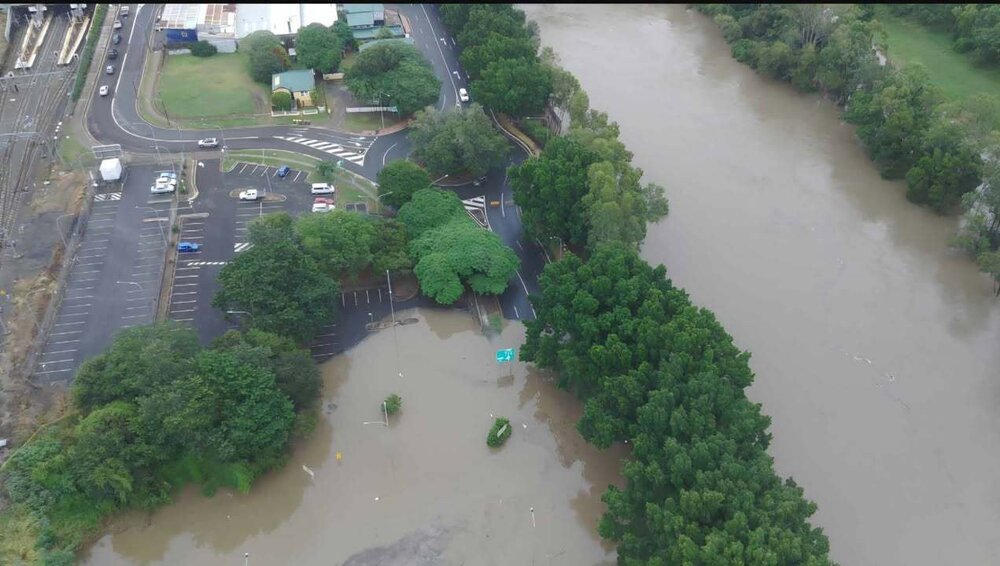 Drone image of the Bremer River in flood, Ipswich, March 2025