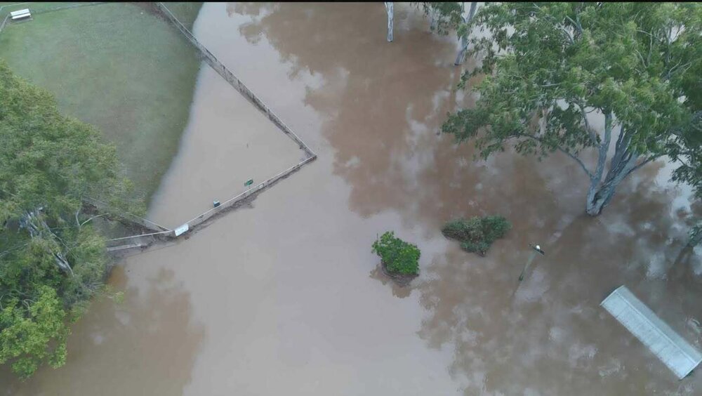 Drone image of the Bremer River in flood, Ipswich, March 2025