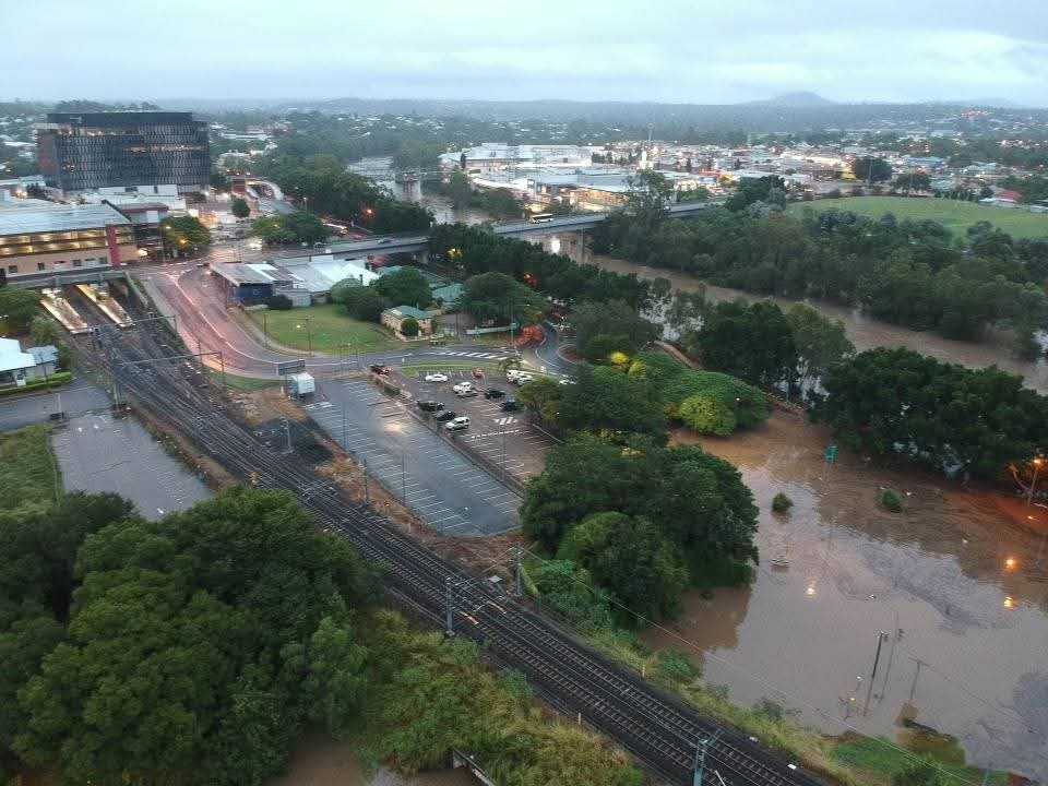 Drone image of the Bremer River in flood, Ipswich, March 2025