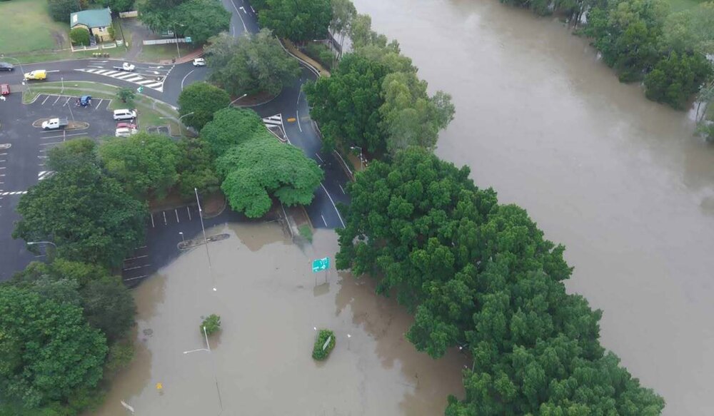 Drone image of the Bremer River in flood, Ipswich, March 2025