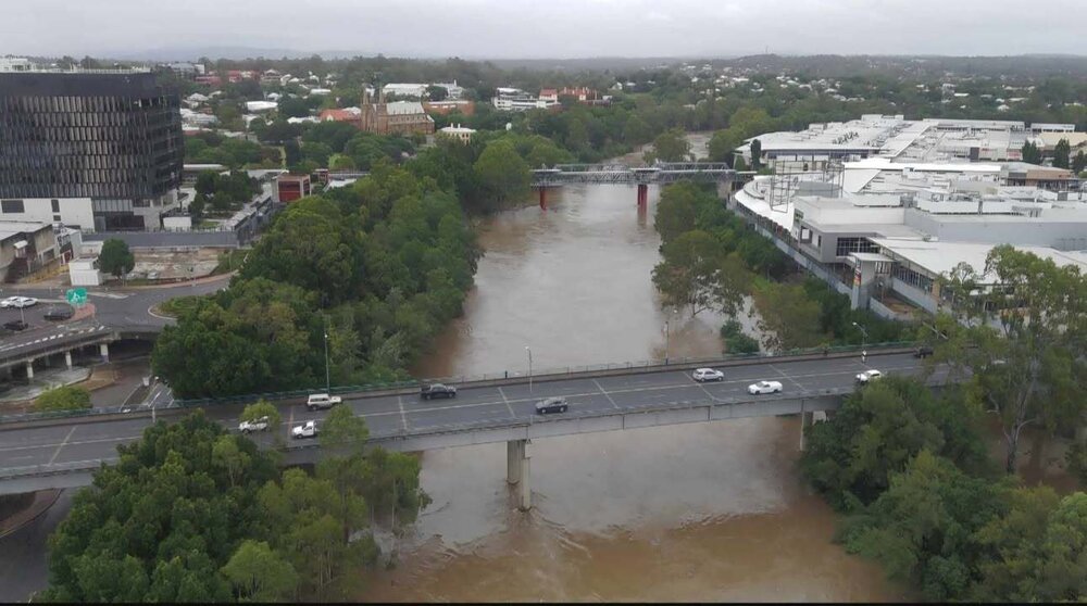 Drone image of the Bremer River in flood, Ipswich, March 2025