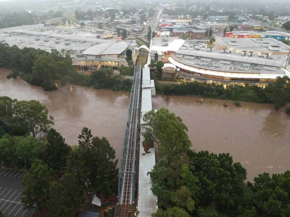 Drone image of the Bremer River in flood, Ipswich, March 2025