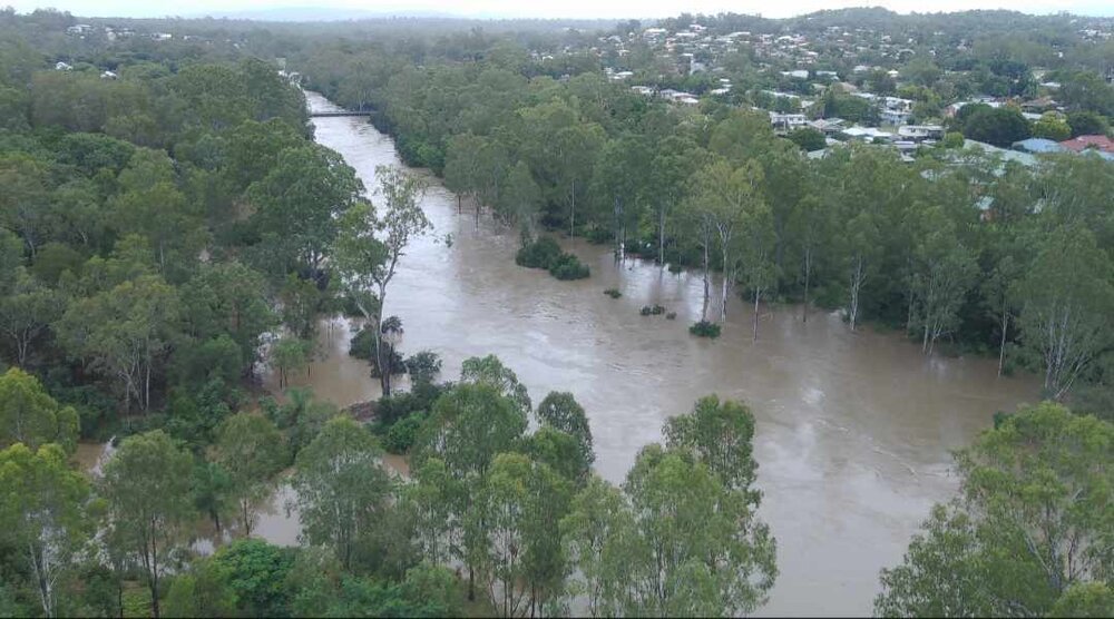 Drone image of the Bremer River in flood, Ipswich, March 2025