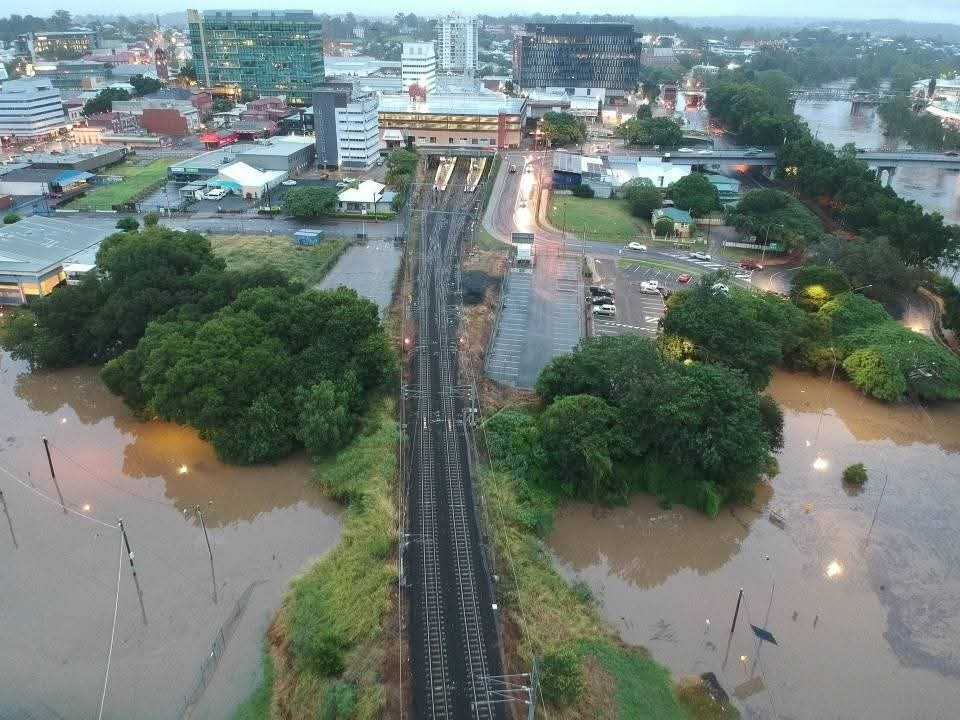 Drone image of the Bremer River in flood, Ipswich, March 2025