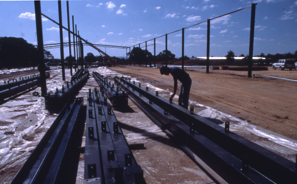 Warehouse under construction, Carole Park, c.1987